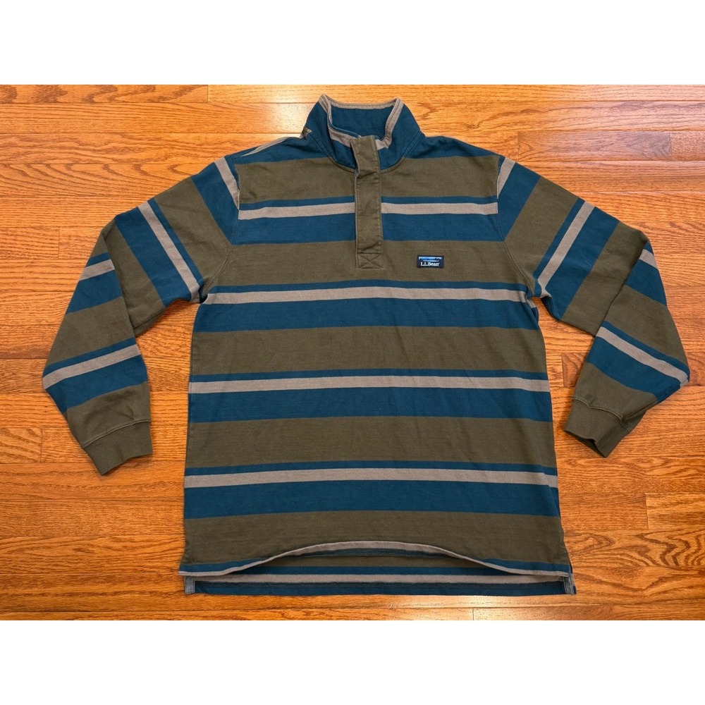 LL Bean Rugby Shirt Long Sleeve Mens Large Green Teal Striped Outdoor Gorpcore